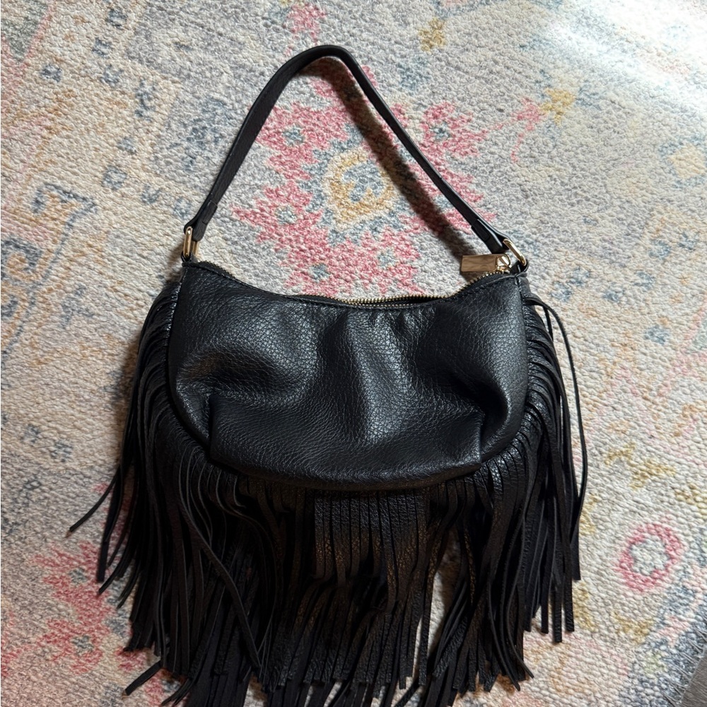 Fringe Black Leather Shoulder Bag